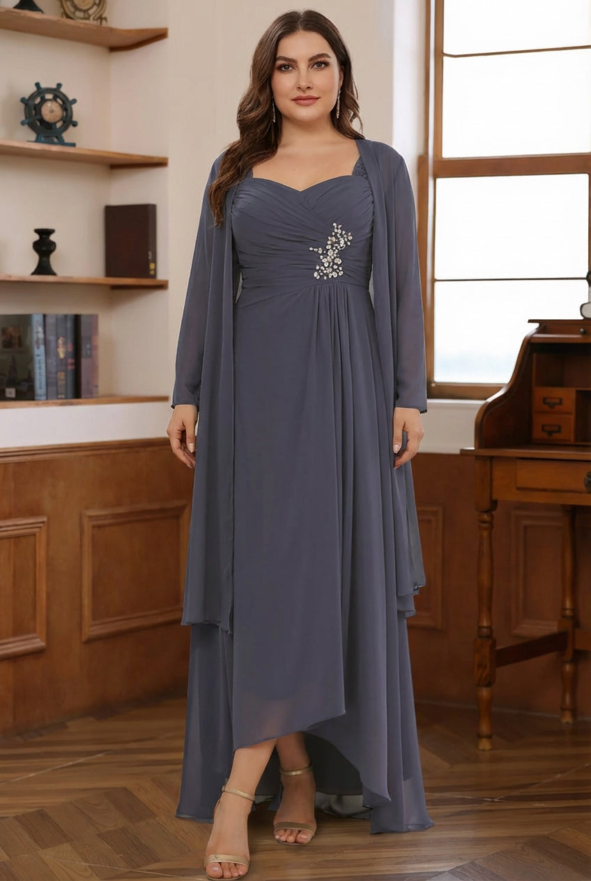 A-Line/Princess 2 Pieces Chiffon Plus Size Mother of the Bride Dresses with Jacket Sweetheart Ankle-Length Long Sleeves