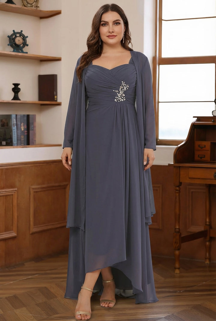 A-Line/Princess 2 Pieces Chiffon Plus Size Mother of the Bride Dresses with Jacket Sweetheart Ankle-Length Long Sleeves