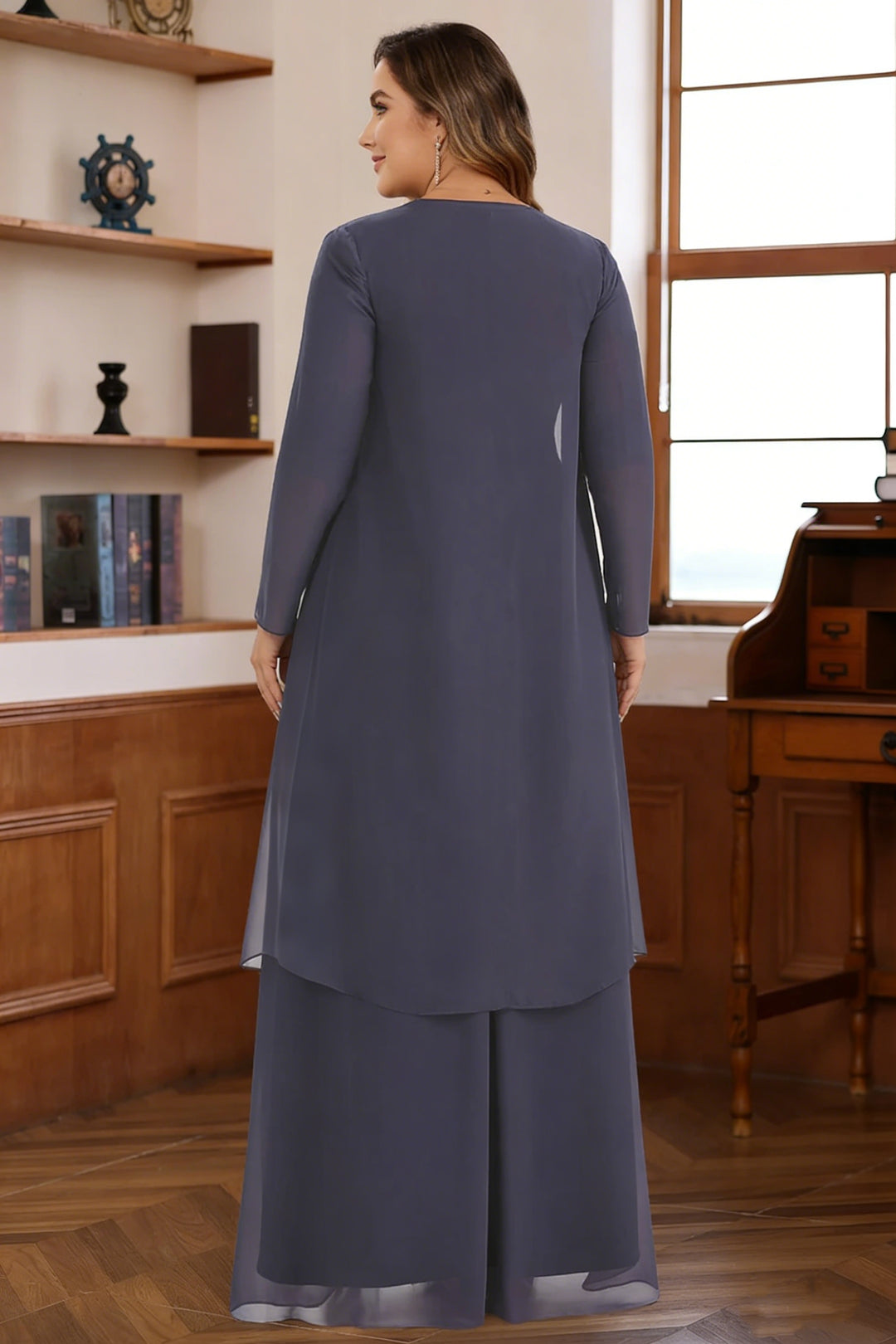 A-Line/Princess 2 Pieces Chiffon Plus Size Mother of the Bride Dresses with Jacket Sweetheart Ankle-Length Long Sleeves