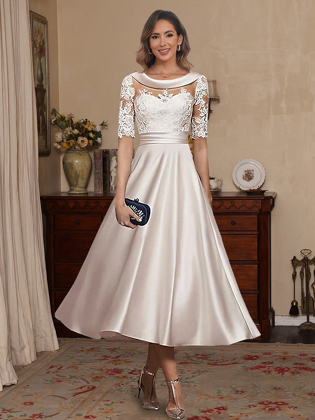 A-Line/Princess Scoop Satin Mother of the Bride Dresses Lace Half Sleeves Tea-Length Dark Red
