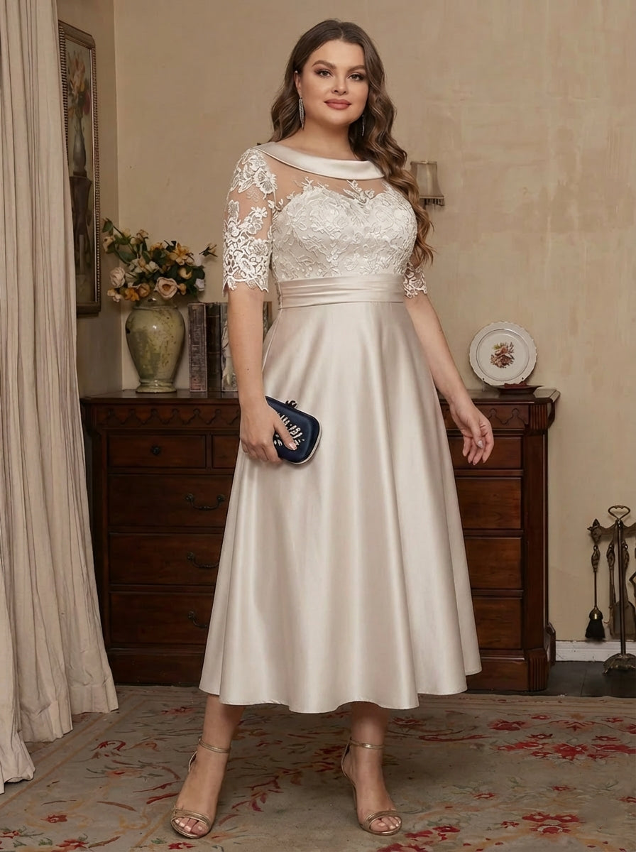 A-Line/Princess Scoop Satin Plus Size Mother of the Bride Dresses Lace Half Sleeves Tea-Length