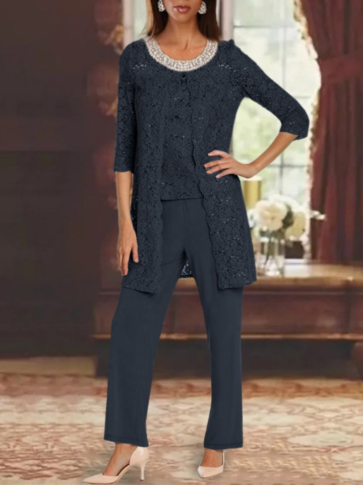 3 Pieces Chiffon Jewel Neck Mother of the Bride Pantsuits with Jacket Lace Ankle-Length Half Sleeves