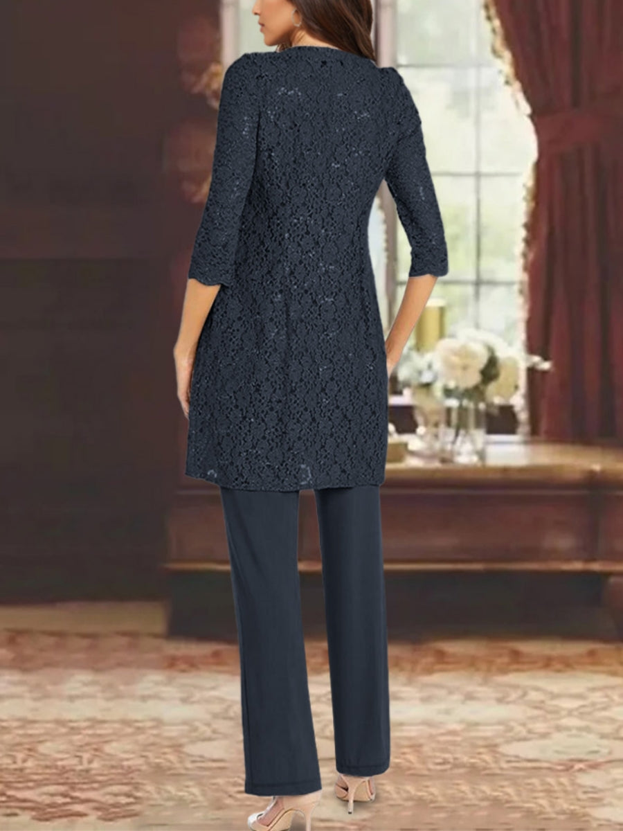 3 Pieces Chiffon Jewel Neck Mother of the Bride Pantsuits with Jacket Lace Ankle-Length Half Sleeves