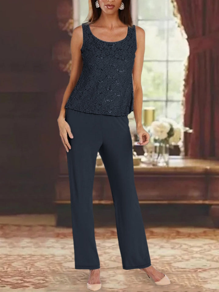 3 Pieces Chiffon Jewel Neck Mother of the Bride Pantsuits with Jacket Lace Ankle-Length Half Sleeves