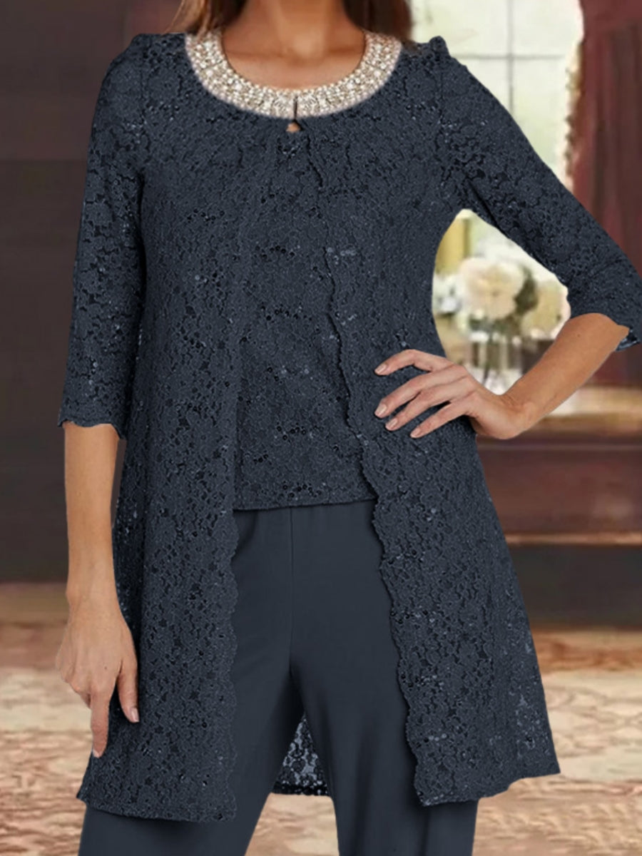 3 Pieces Chiffon Jewel Neck Mother of the Bride Pantsuits with Jacket Lace Ankle-Length Half Sleeves