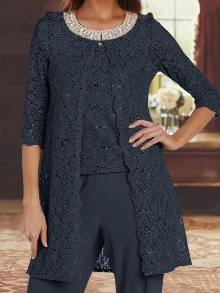 3 Pieces Chiffon Jewel Neck Mother of the Bride Pantsuits with Jacket Lace Ankle-Length Half Sleeves