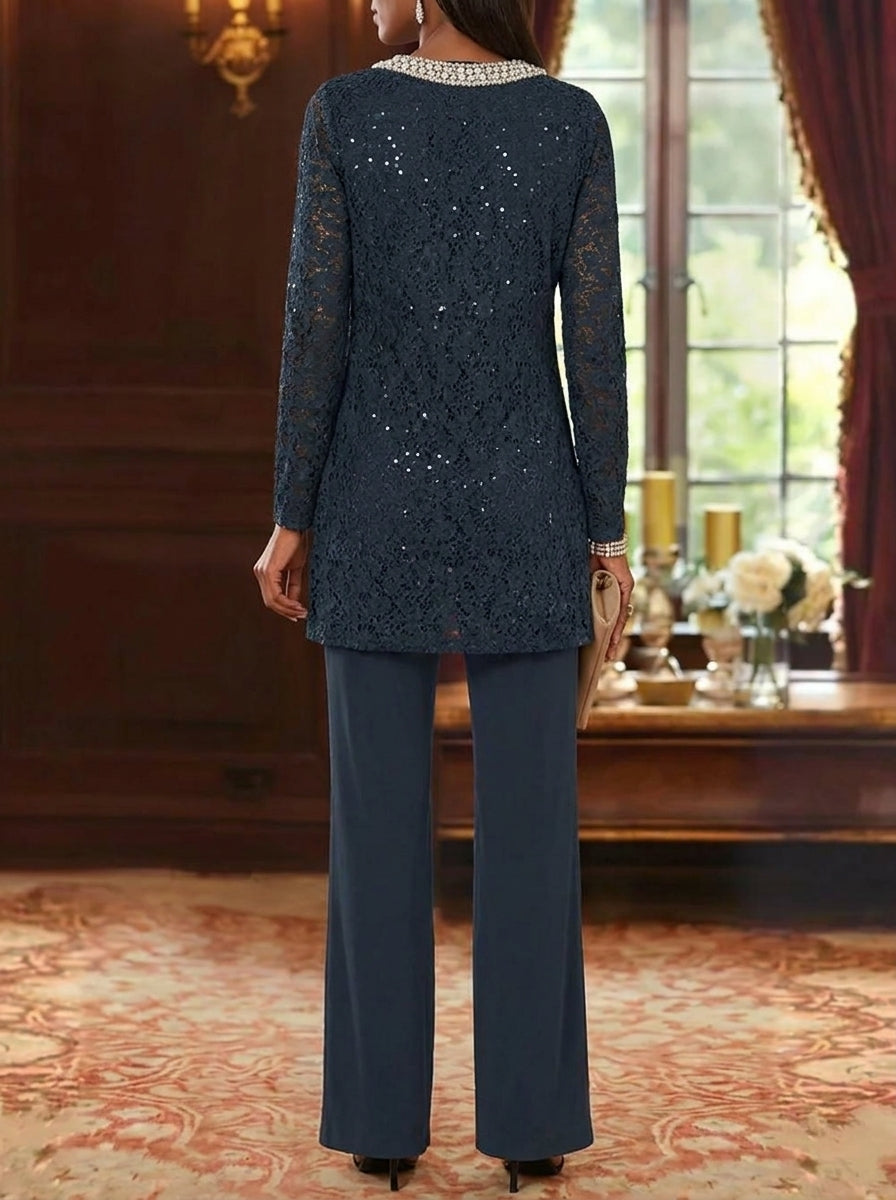 3 Pieces Chiffon Jewel Neck Mother of the Bride Pantsuits with Jacket Lace Ankle-Length Half Sleeves