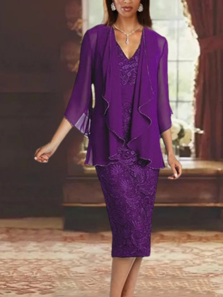Sheath/Column Chiffon V-Neck Mother of the Bride Dresses with Jacket Lace Knee-Length 3/4 Sleeves