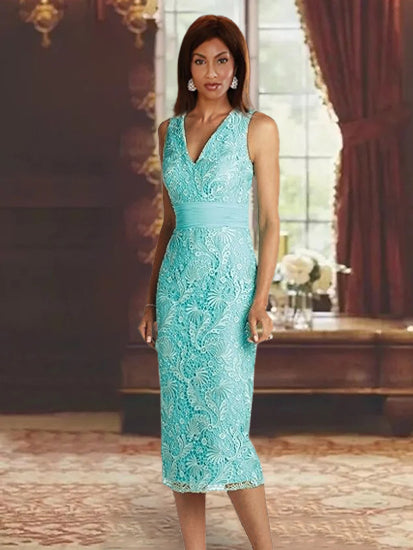 Sheath/Column Chiffon V-Neck Mother of the Bride Dresses with Jacket Lace Knee-Length 3/4 Sleeves