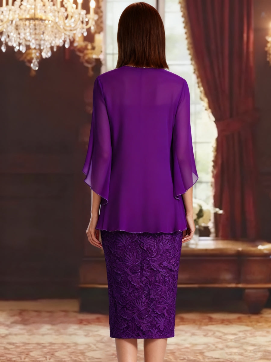 Sheath/Column Chiffon V-Neck Mother of the Bride Dresses with Jacket Lace Knee-Length 3/4 Sleeves