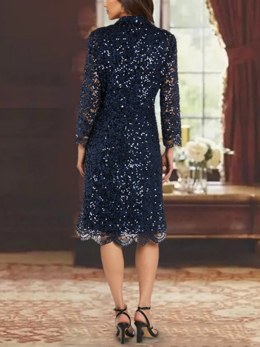 Navy Blue Mother of the Bride Dress 2026 Elegant Knee-Length Lace Jacket Dress with Sequins & 3/4 Sleeves Two-Piece Formal Outfit, Navy Blue Navy Blue Mother of the Bride Dress 2026 Elegant Knee-Length Lace Jacket Dress with Sequins & 3/4 Sleeves Two-Piece Formal Outfit, Navy Blue