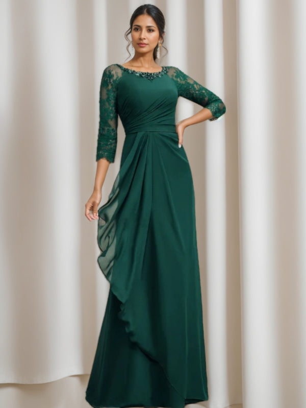 A-Line/Princess Scoop Floor-Length Mother of the Bride Dresses with Ruffles Lace 3/4 Sleeves
