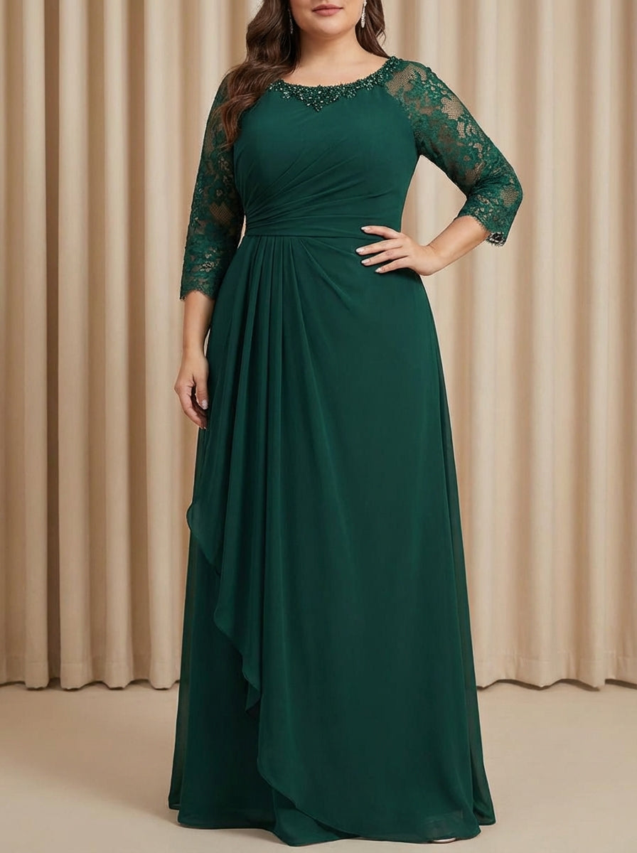 A-Line/Princess Scoop Floor-Length Plus Size Mother of the Bride Dresses with Ruffles Lace 3/4 Sleeves