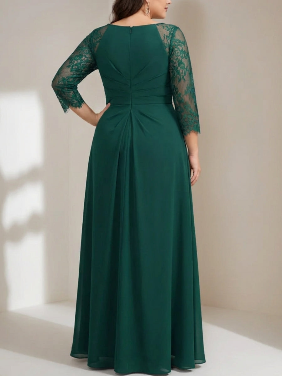 A-Line/Princess Scoop Floor-Length Plus Size Mother of the Bride Dresses with Ruffles Lace 3/4 Sleeves