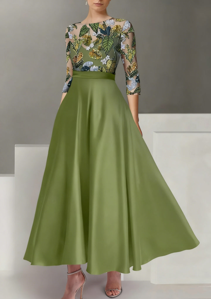 A-Line/Princess Satin Scoop Mother of the Bride Dresses 3/4 Sleeves Ankle-Length Floral Sequins