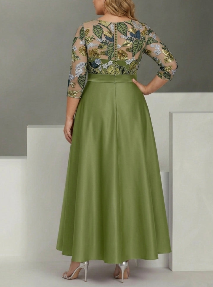 A-Line/Princess Satin Scoop Plus Size Mother of the Bride Dresses 3/4 Sleeves Ankle-Length Floral Sequins