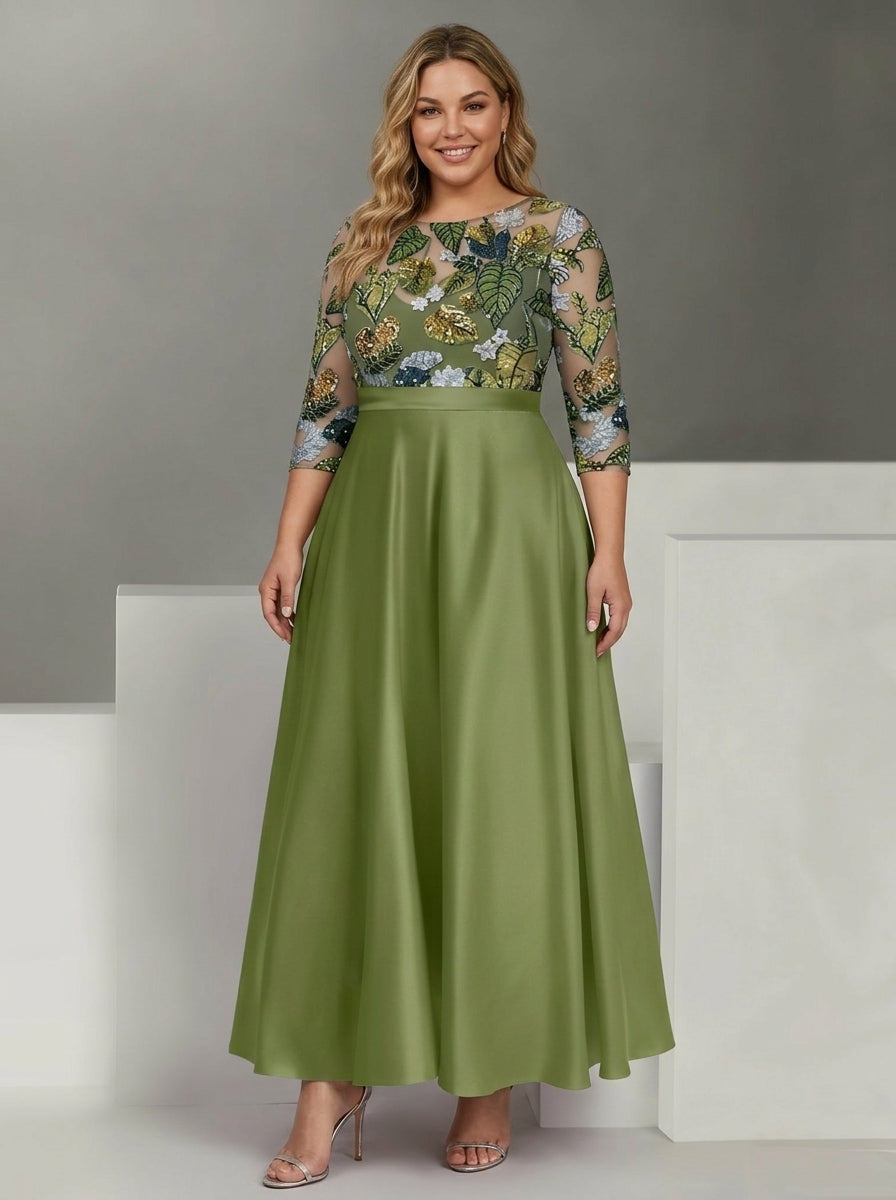 A-Line/Princess Satin Scoop Plus Size Mother of the Bride Dresses 3/4 Sleeves Ankle-Length Floral Sequins