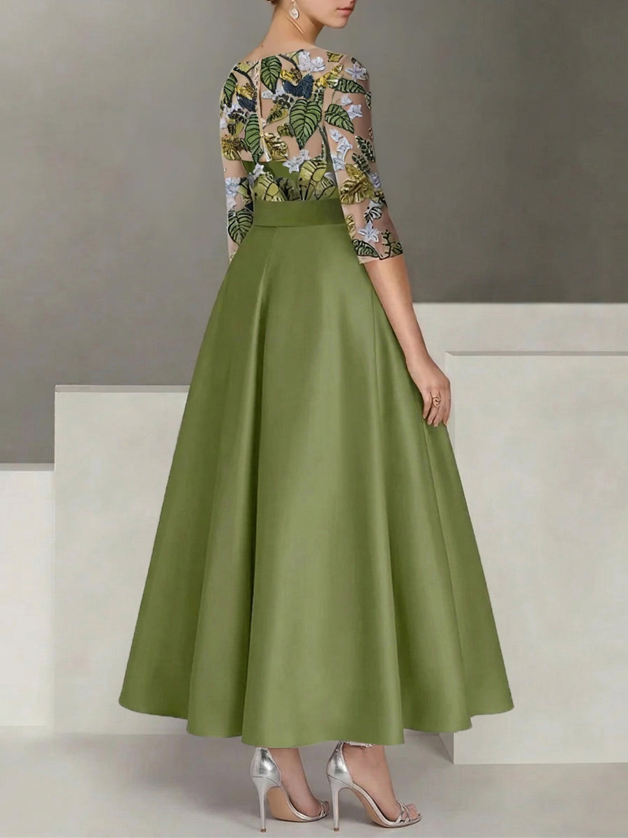 A-Line/Princess Satin Scoop Mother of the Bride Dresses 3/4 Sleeves Ankle-Length Floral Sequins