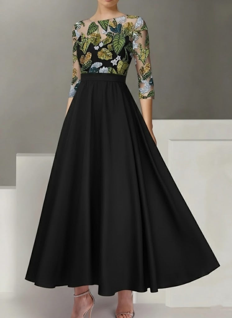 A-Line/Princess Satin Scoop Mother of the Bride Dresses 3/4 Sleeves Ankle-Length Floral Sequins