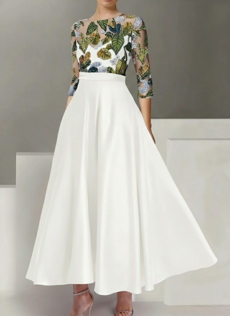 A-Line/Princess Satin Scoop Mother of the Bride Dresses 3/4 Sleeves Ankle-Length Floral Sequins