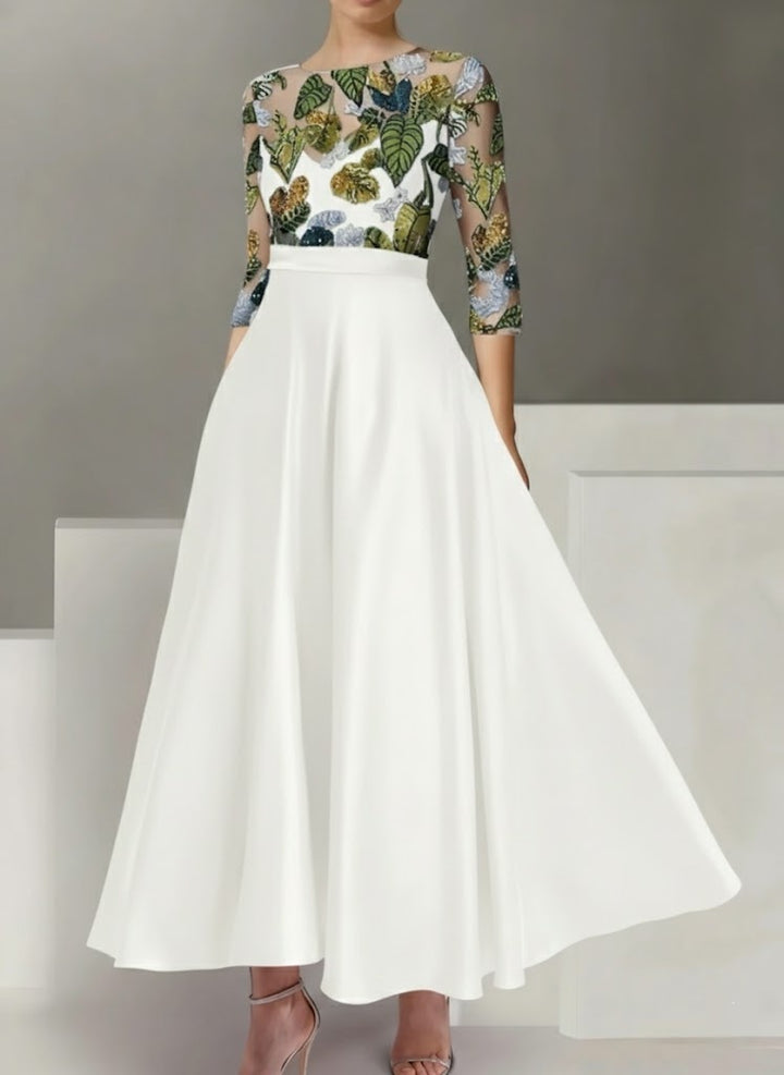A-Line/Princess Satin Scoop Mother of the Bride Dresses 3/4 Sleeves Ankle-Length Floral Sequins