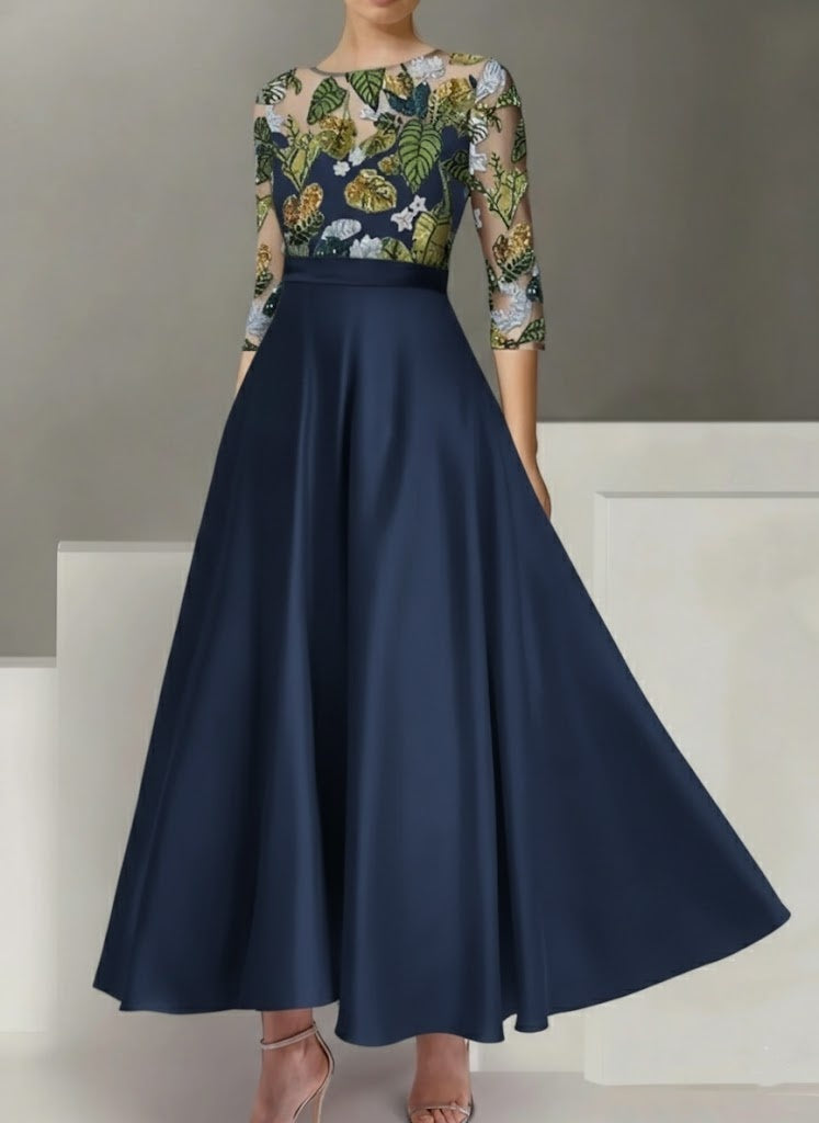 A-Line/Princess Satin Scoop Mother of the Bride Dresses 3/4 Sleeves Ankle-Length Floral Sequins