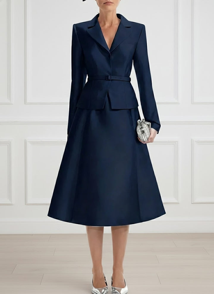 A-Line/Princess V-Neck Mother of Bride Dresss Blazer Long Sleeves Tea-Length Belt Satin