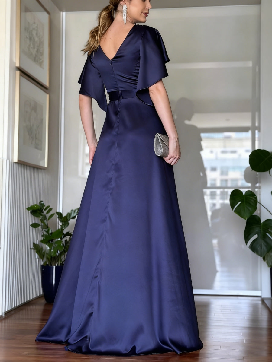 A-Line/Princess Sweetheart Short Sleeves Mother of the Bride Dresses Floor-Length Pleated Silk Satin