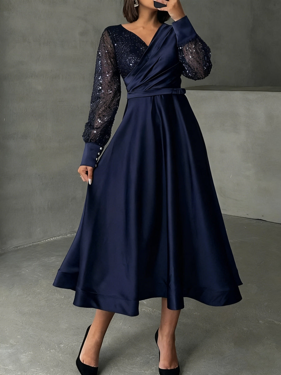 A-Line/Princess V-Neck Satin Mother of the Bride Dresses Long Sleeves Tea-Length Sequins