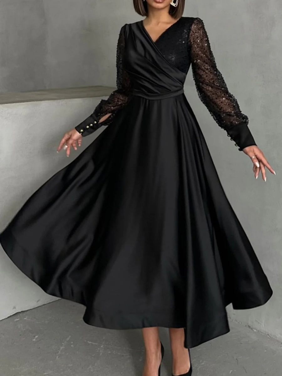 A-Line/Princess V-Neck Satin Mother of the Bride Dresses Long Sleeves Tea-Length Sequins