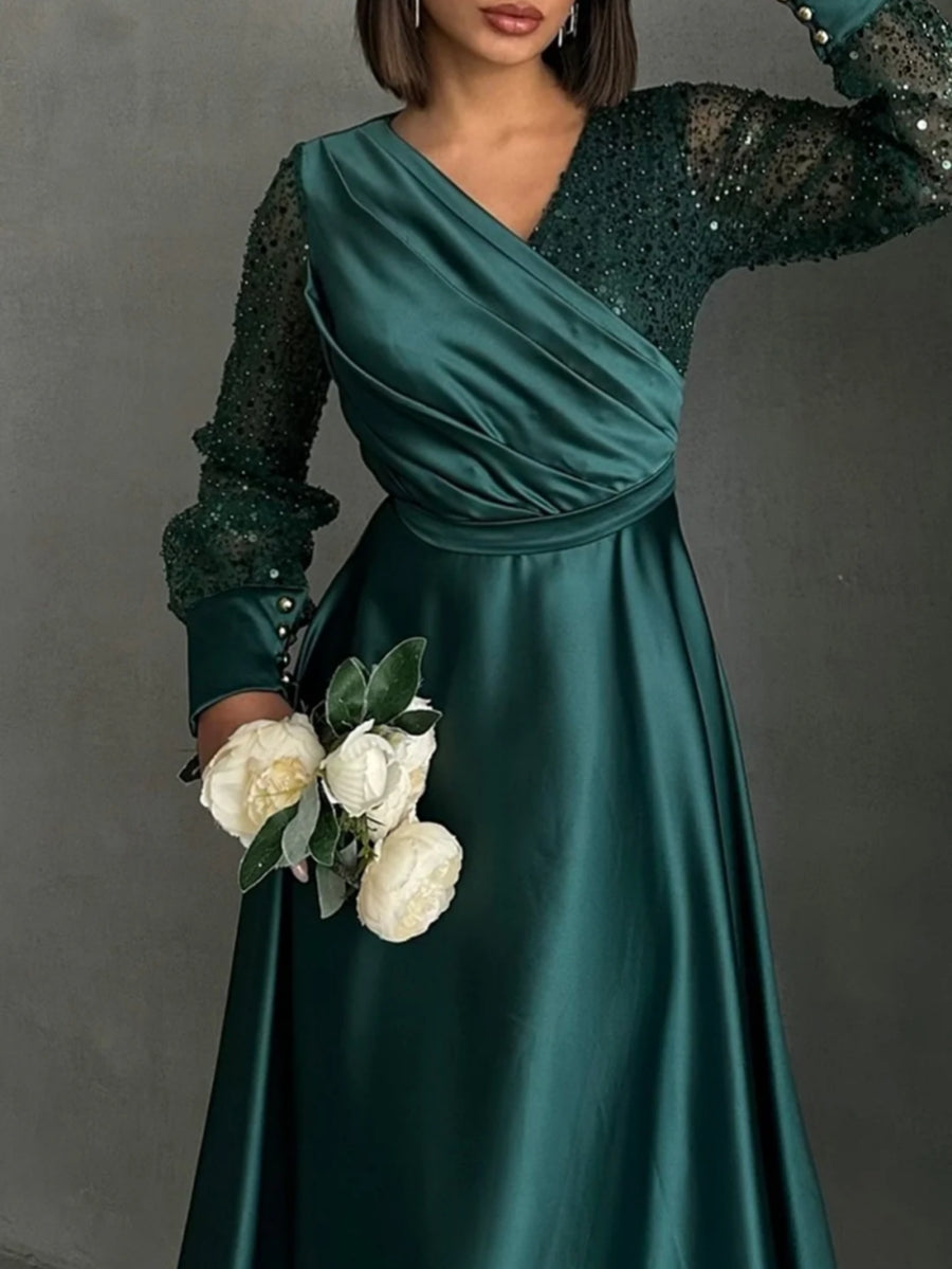 A-Line/Princess V-Neck Satin Mother of the Bride Dresses Long Sleeves Tea-Length Sequins