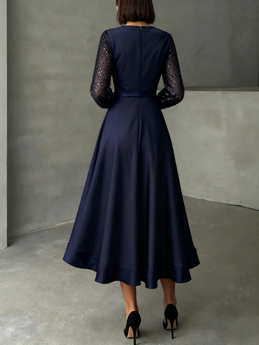 A-Line/Princess V-Neck Satin Mother of the Bride Dresses Long Sleeves Tea-Length Sequins