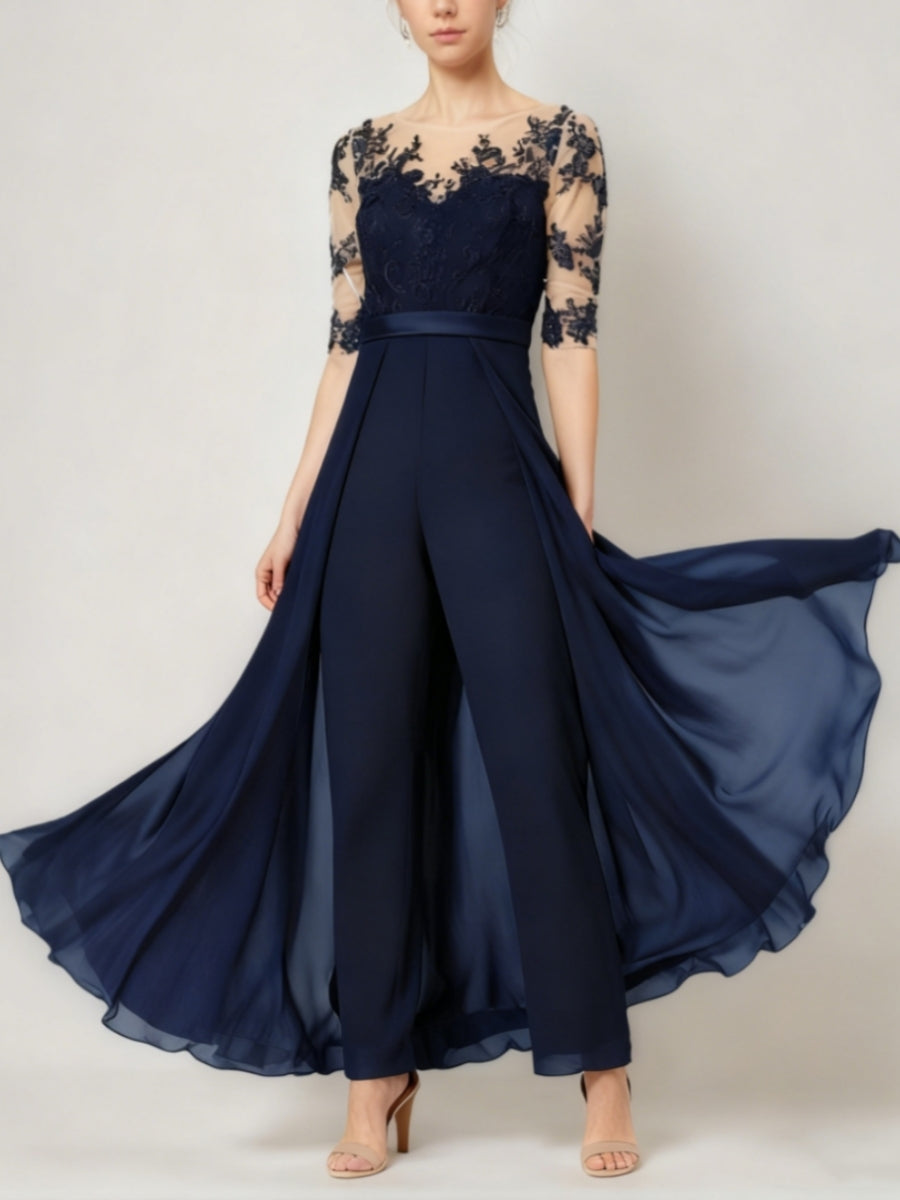 Scoop Chiffon Mother of the Bride Jumpsuit Lace Ankle-Length Half Sleeves Wedding Guest Dress