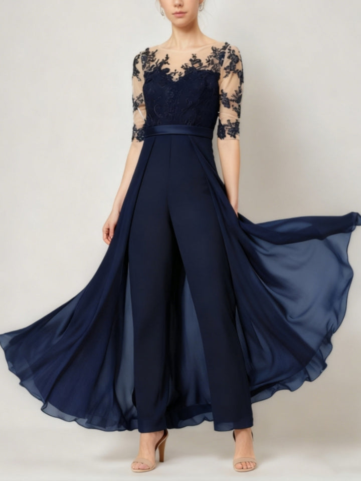 Scoop Chiffon Mother of the Bride Jumpsuit Lace Ankle-Length Half Sleeves Wedding Guest Dress