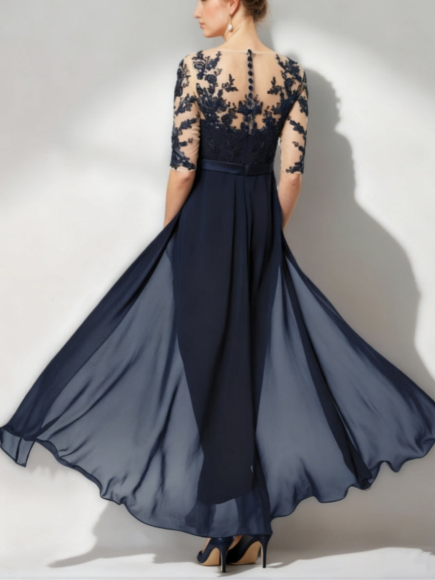 Scoop Chiffon Mother of the Bride Jumpsuit Lace Ankle-Length Half Sleeves Wedding Guest Dress