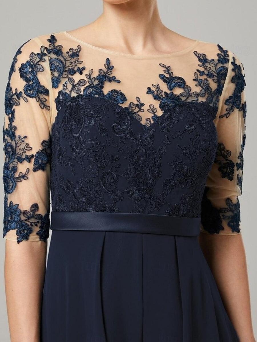 Scoop Chiffon Mother of the Bride Jumpsuit Lace Ankle-Length Half Sleeves Wedding Guest Dress