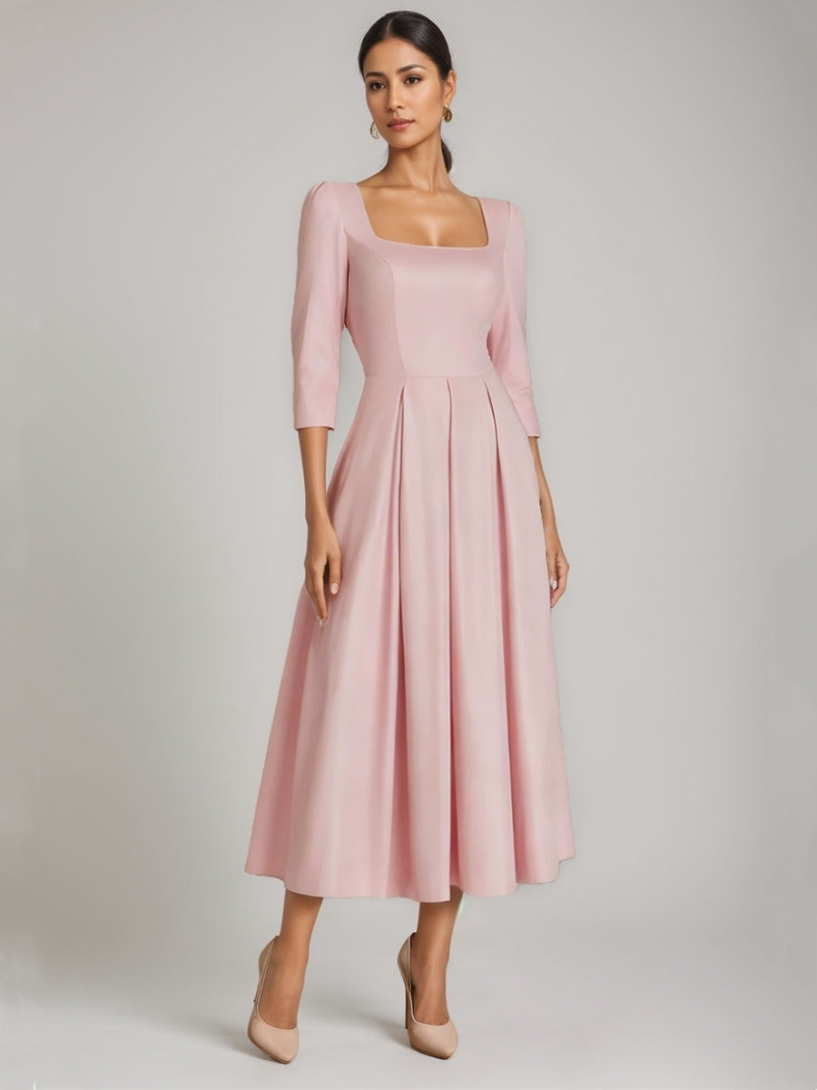 A-Line/Princess Square Collar Satin Mother of the Bride Dresses 3/4 Sleeves Ankle-Length Pleated
