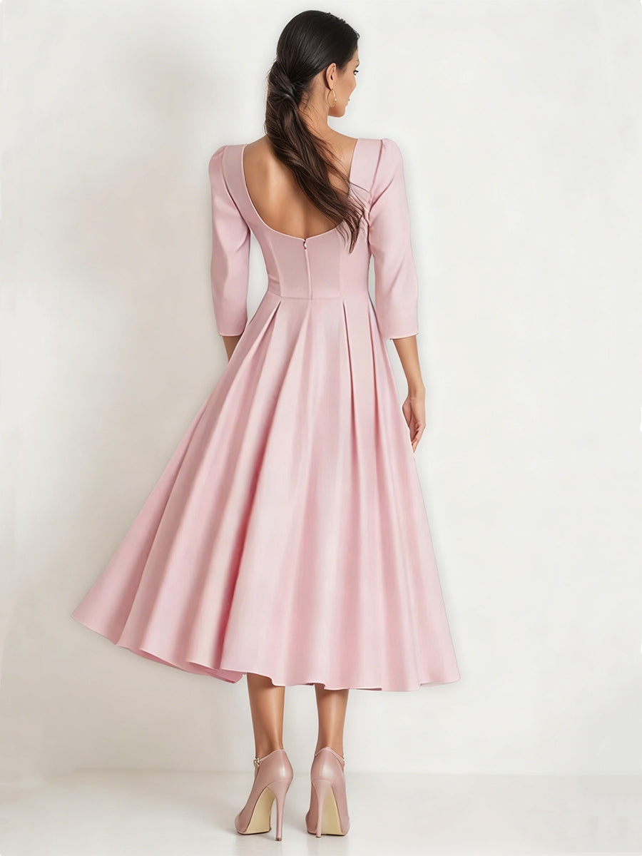 A-Line/Princess Square Collar Satin Mother of the Bride Dresses 3/4 Sleeves Ankle-Length Pleated