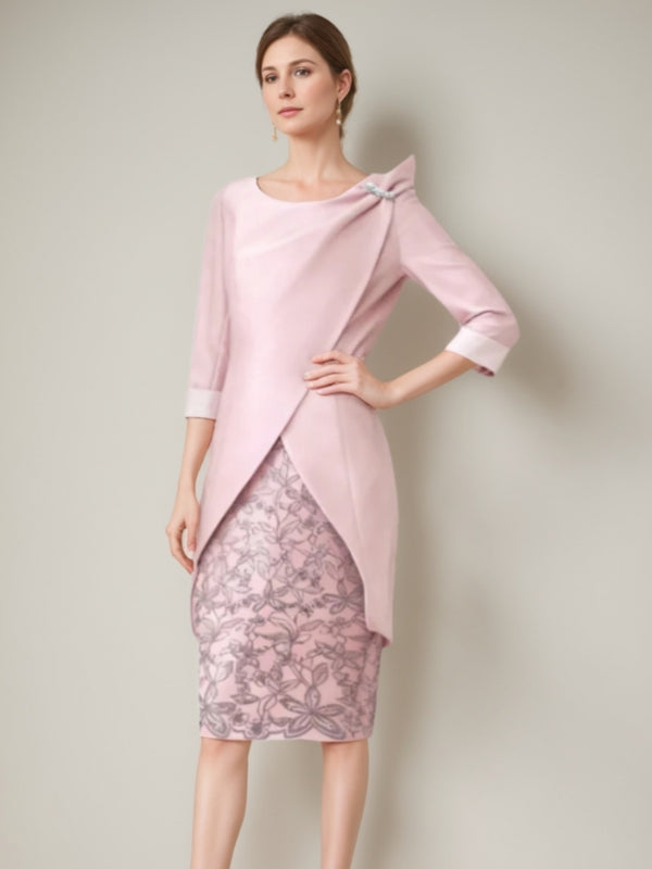 Sheath/Column 2 Pieces Scoop Satin Mother of the Bride Dresses with Jacket Lace 3/4 Sleeves Knee-Length