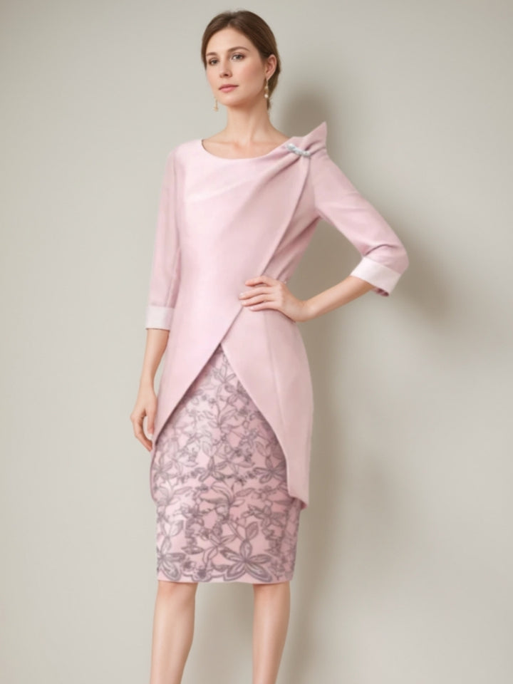 Sheath/Column 2 Pieces Scoop Satin Mother of the Bride Dresses with Jacket Lace 3/4 Sleeves Knee-Length