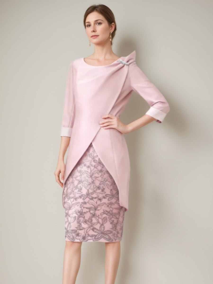 Elegant Pink Mother of the Bride Dress for Women Asymmetric Overlay 3/4 Sleeve Lace Pencil Knee Length Formal Wedding Guest Outfit, As Pic