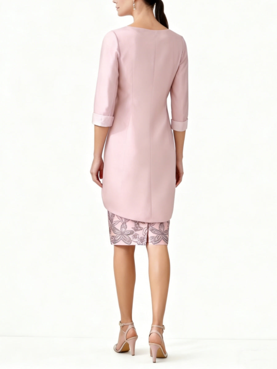 Sheath/Column 2 Pieces Scoop Satin Mother of the Bride Dresses with Jacket Lace 3/4 Sleeves Knee-Length