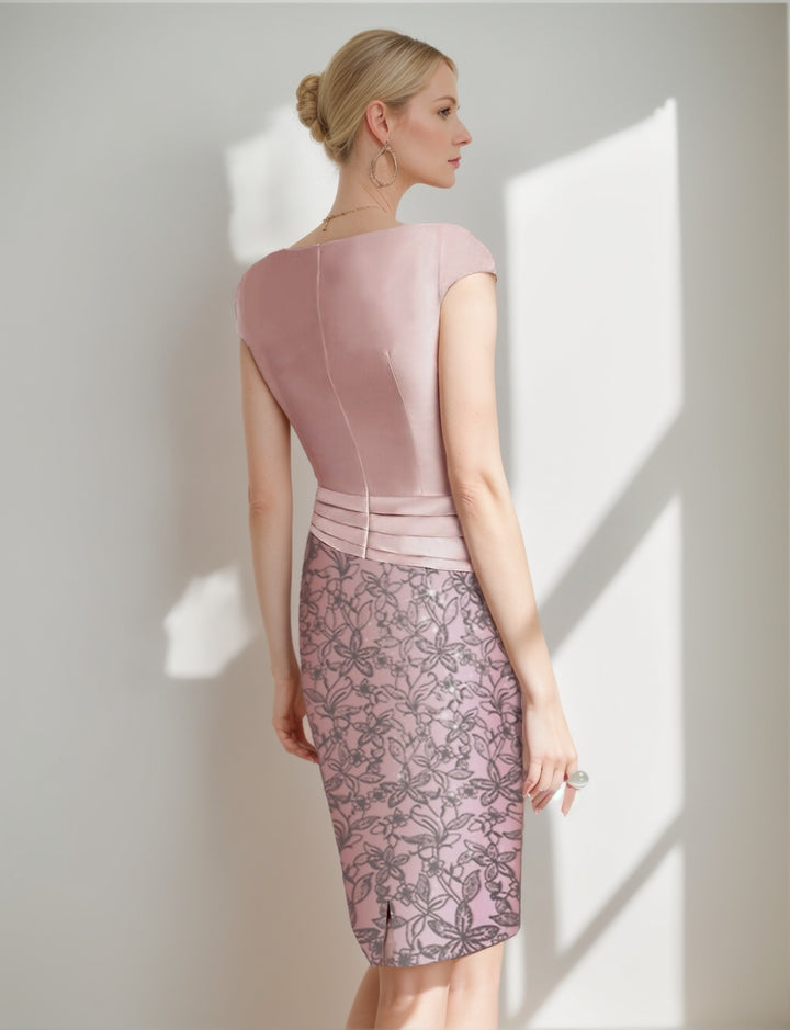 Sheath/Column 2 Pieces Scoop Satin Mother of the Bride Dresses with Jacket Lace 3/4 Sleeves Knee-Length