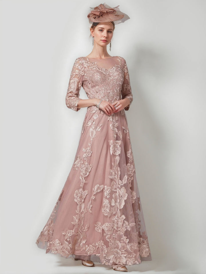 A-Line/Princess Scoop 3/4 Sleeves Lace Mother of the Bride Dresses Floor-Length Evening Dress Formal Dress