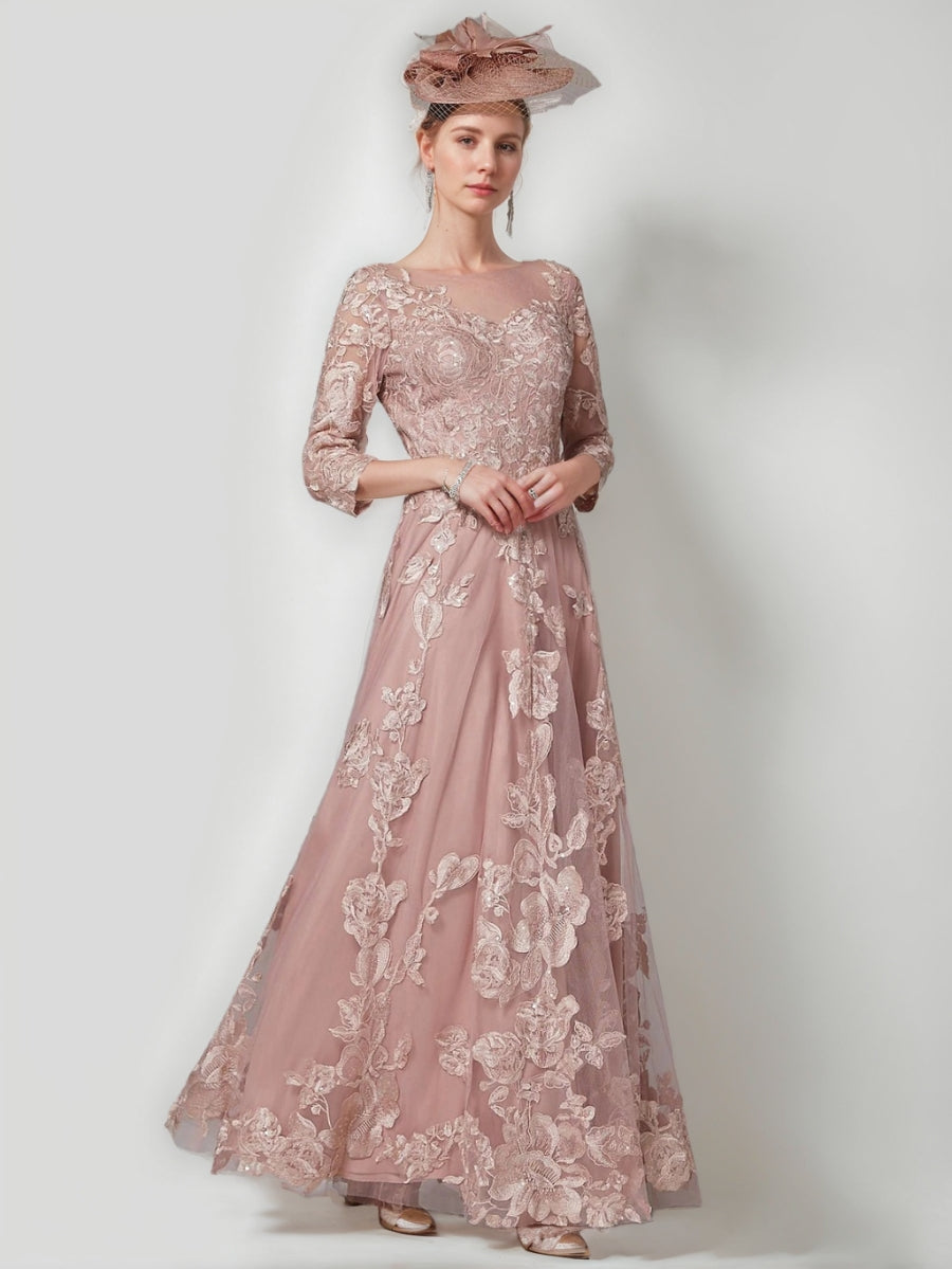 Elegant Champagne Pink Mother of the Bride Dress for Women Long Lace Embroidered Gown 3/4 Sleeve Formal Wedding Guest Evening Maxi Dress, Dusty Rose