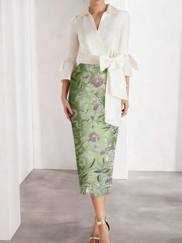 Sheath/Column V-Neck Satin Mother of the Bride Dresses 3/4 Sleeves Shirt Collar Floral Tea-Length Cocktail Dresses