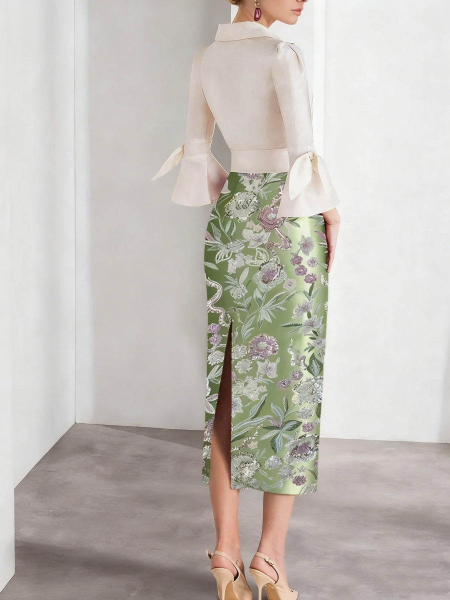 Sheath/Column V-Neck Satin Mother of the Bride Dresses 3/4 Sleeves Shirt Collar Tea-Length Cocktail Dresses