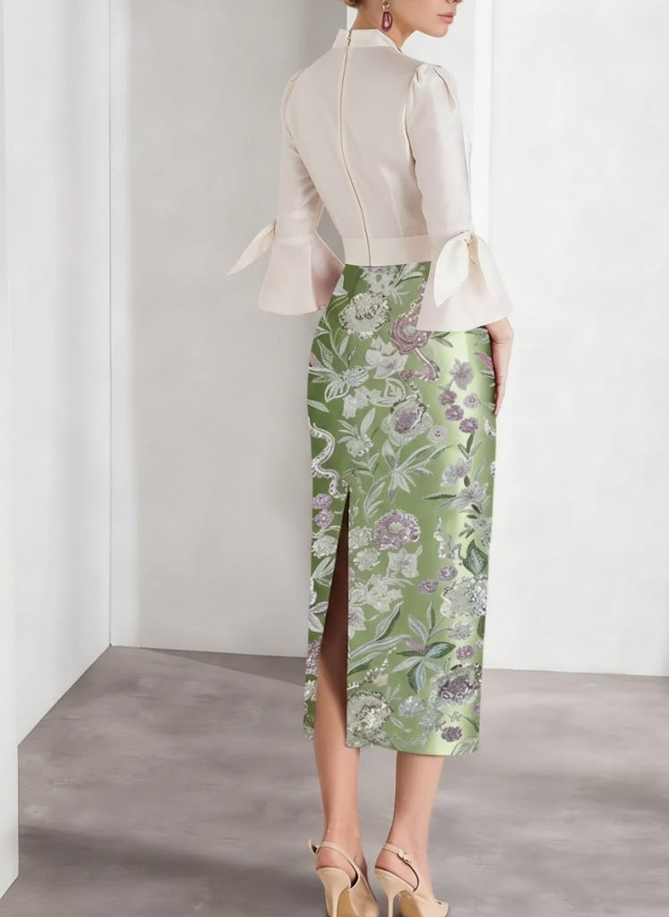 Sheath/Column V-Neck Satin Mother of the Bride Dresses 3/4 Sleeves Shirt Collar Tea-Length Cocktail Dresses