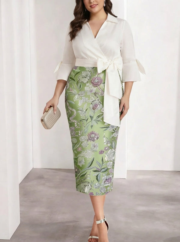 Sheath/Column V-Neck Satin Plus Size Mother of the Bride Dresses 3/4 Sleeves Shirt Collar Floral Tea-Length Cocktail Dresses
