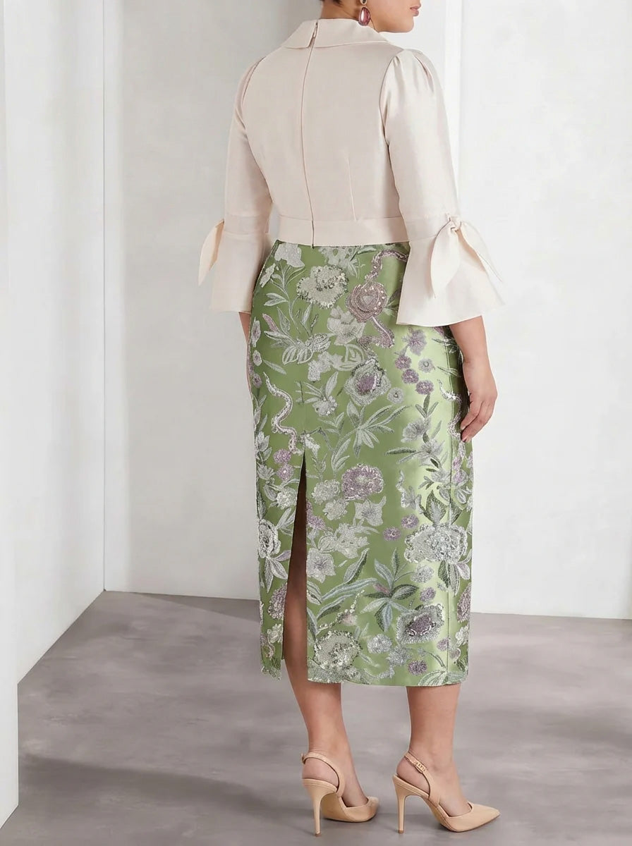 Sheath/Column V-Neck Satin Plus Size Mother of the Bride Dresses 3/4 Sleeves Shirt Collar Floral Tea-Length Cocktail Dresses